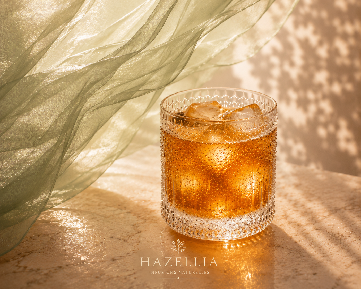 Mint Atlas Hazellia – infusion glacée ambrée dorée dans un verre cristal premium avec glaçons translucides, condensation naturelle, voile sauge champagne et ambiance luxe fraîcheur sur marbre lumineux.