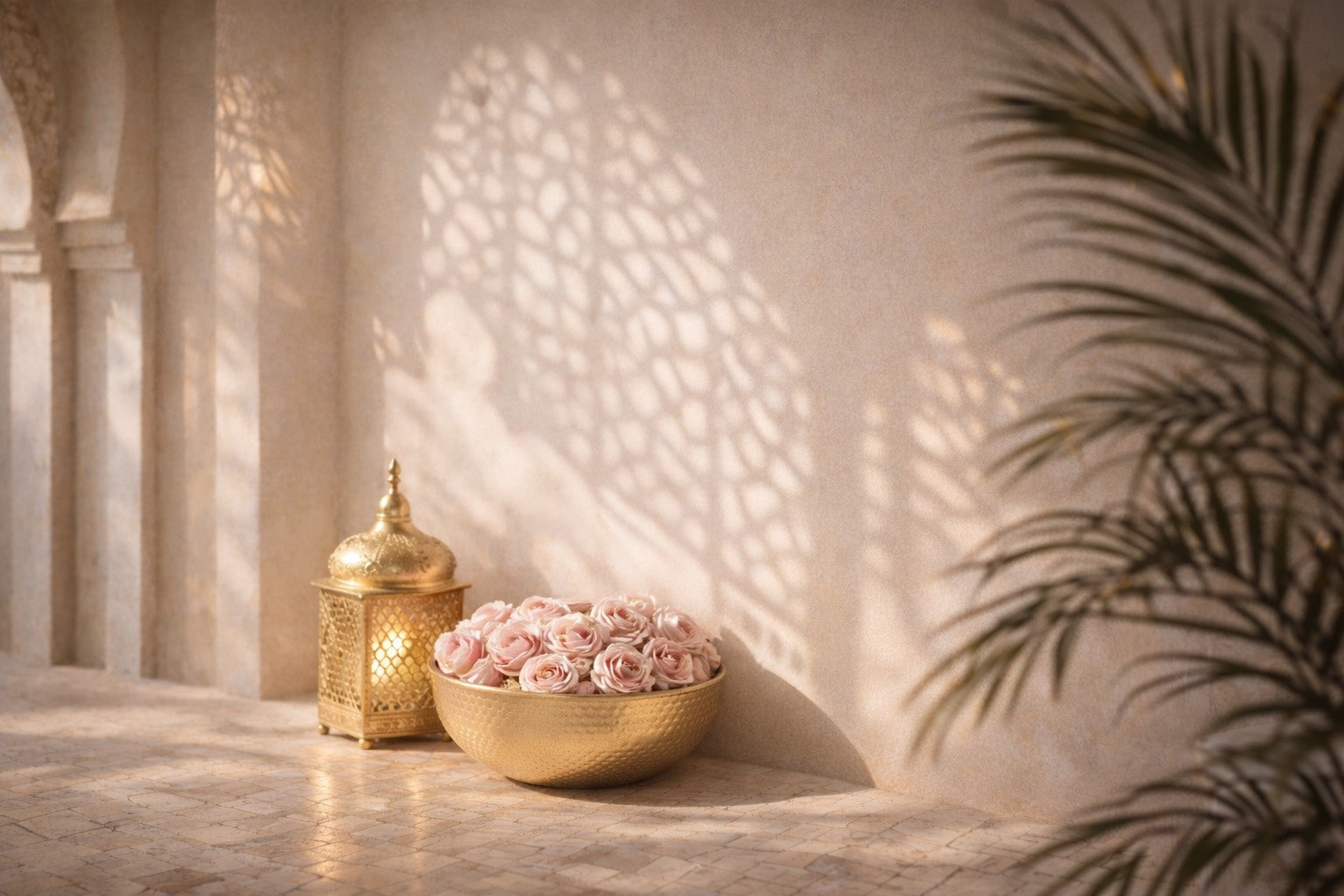 Ambiance marocaine élégante avec mosaïque ivoire, lanterne artisanale dorée et bol en métal martelé rempli de roses rose poudré, dans une lumière douce et chaleureuse.

