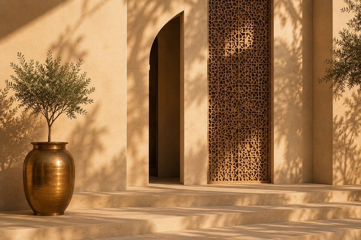 Architecture orientale contemporaine aux tons beige et doré, moucharabieh et lumière solaire – Orient Doré, Hazellia Voyage

