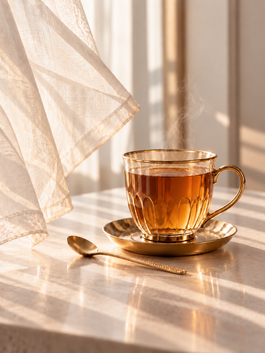 Rituel infusion Orient Doré Hazellia avec tasse de thé ambré sur sous-tasse dorée, lumière douce et voile ivoire dans une ambiance élégante et haut de gamme

