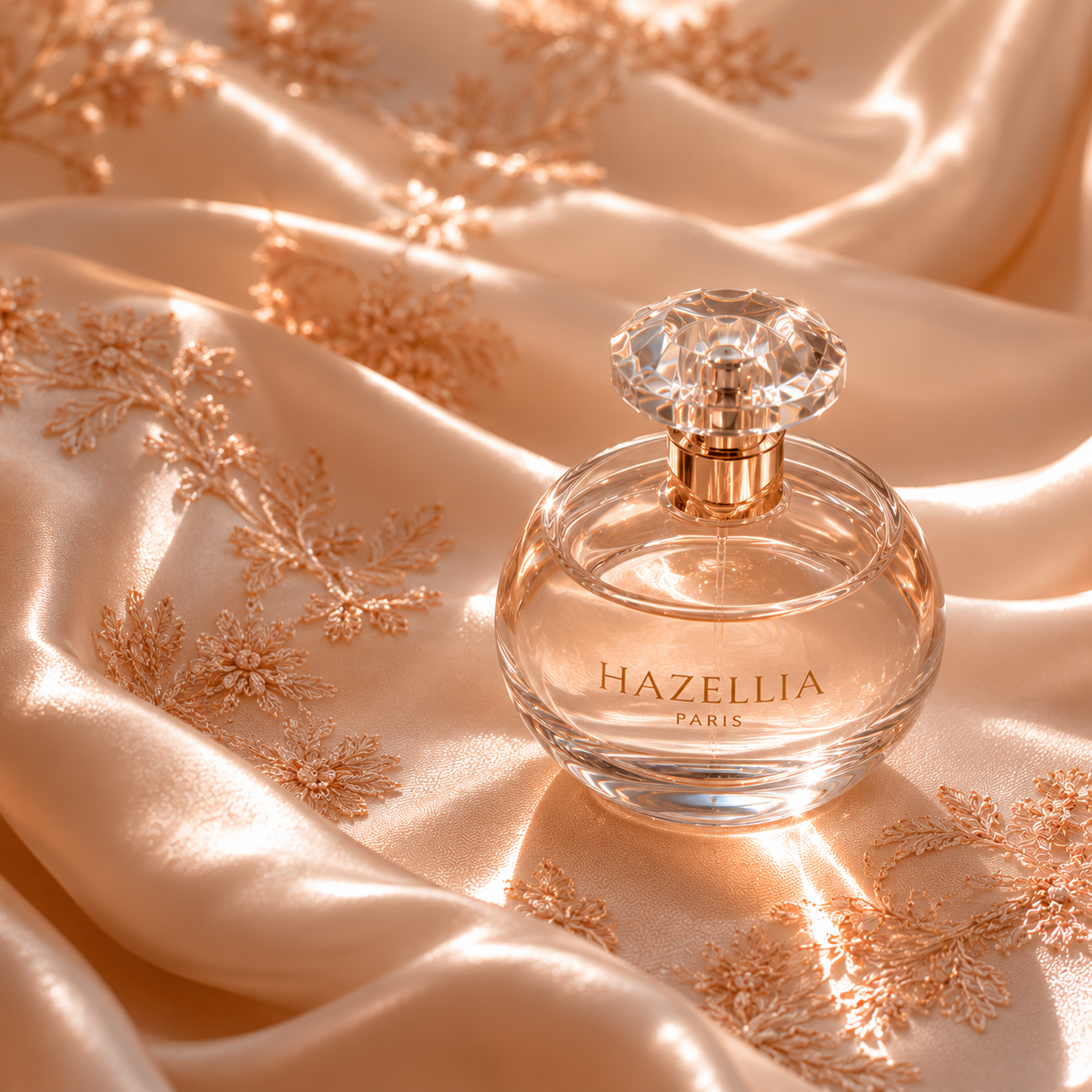 Flacon de parfum luxe Hazellia Paris sur satin rose poudré brodé, ambiance élégance parisienne et féminité couture inspirée des maisons de parfum françaises.

