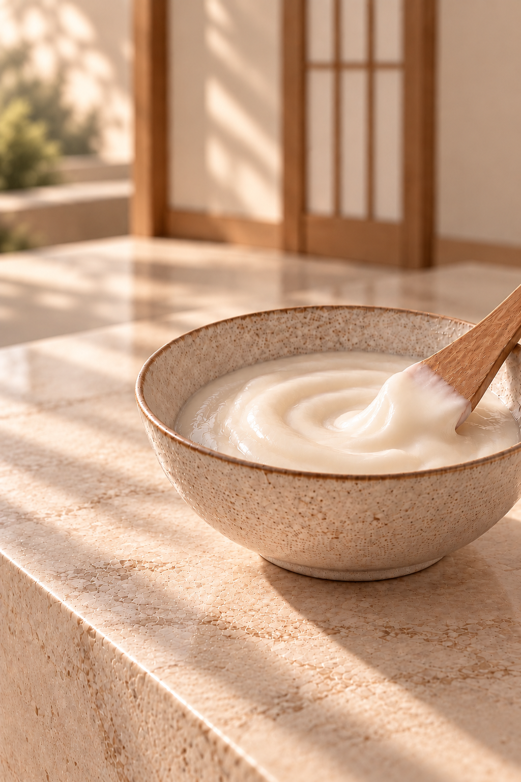 Rituel beauté japonais au riz avec masque visage dans un intérieur minimaliste – Japon Sakura Hazellia
