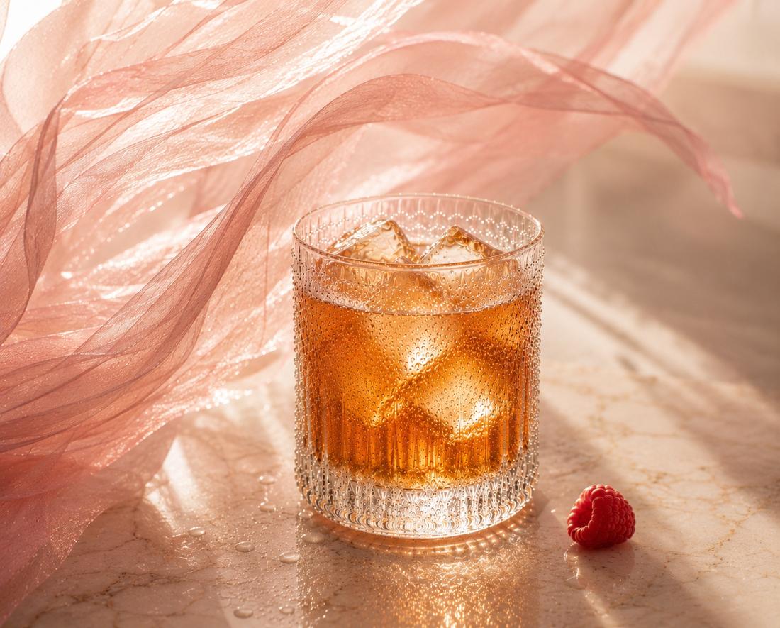 BerryGlow Hazellia – infusion glacée ambrée rosée dans un verre cristal premium avec glaçons translucides, voile rose poudré aérien et framboise fraîche sur marbre lumineux.

