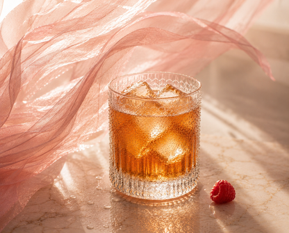 BerryGlow Hazellia – infusion glacée ambrée rosée dans un verre cristal premium avec glaçons translucides, voile rose poudré aérien et framboise fraîche sur marbre lumineux.

