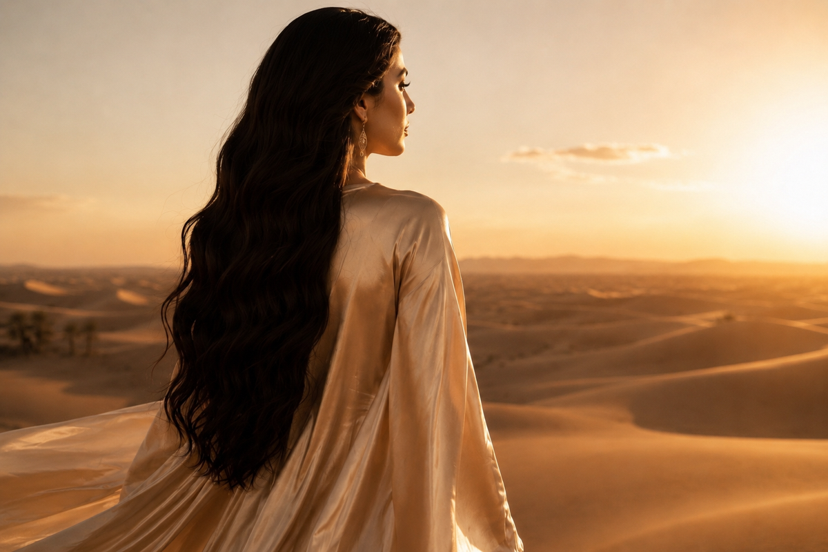Femme orientale aux longs cheveux noirs ondulés portant une robe en soie champagne face au désert doré au coucher du soleil – Orient Doré, Hazellia Voyage

