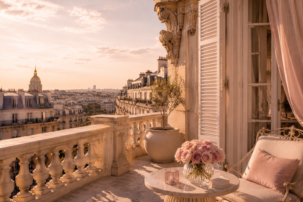 Terrasse parisienne élégante avec vue sur la tour Eiffel, fleurs roses et lumière douce – univers Pink Elixir Hazellia

