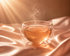 Infusion BerryGlow Hazellia dans un mug double paroi transparent sur satin champagne rosé, tisane chaude glow éclat féminin avec ambiance luxe et lumière dorée.

