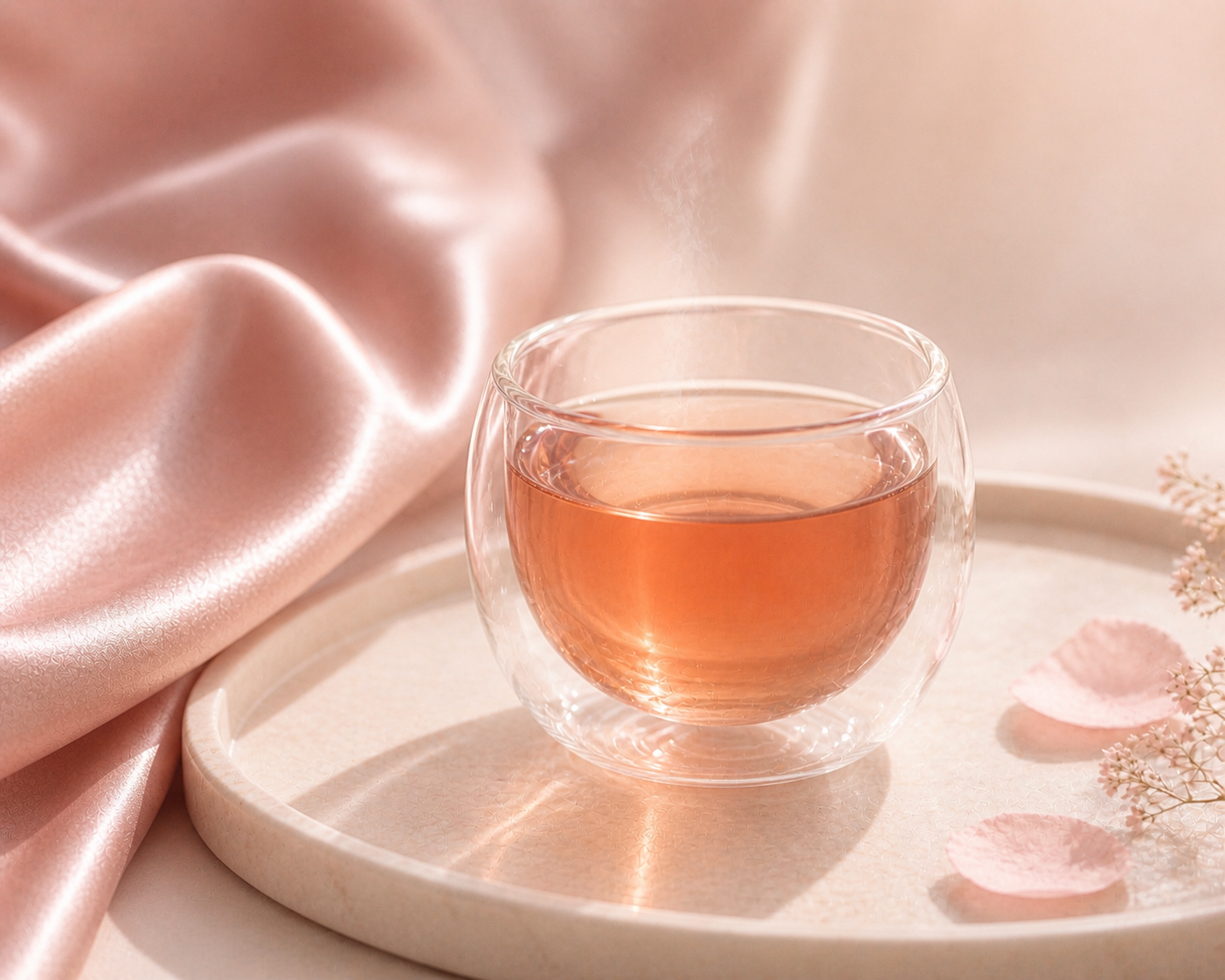 Infusion ambrée aux reflets rosés dans un verre transparent sur marbre avec satin rose poudré, ambiance féminine élégante Hazellia

