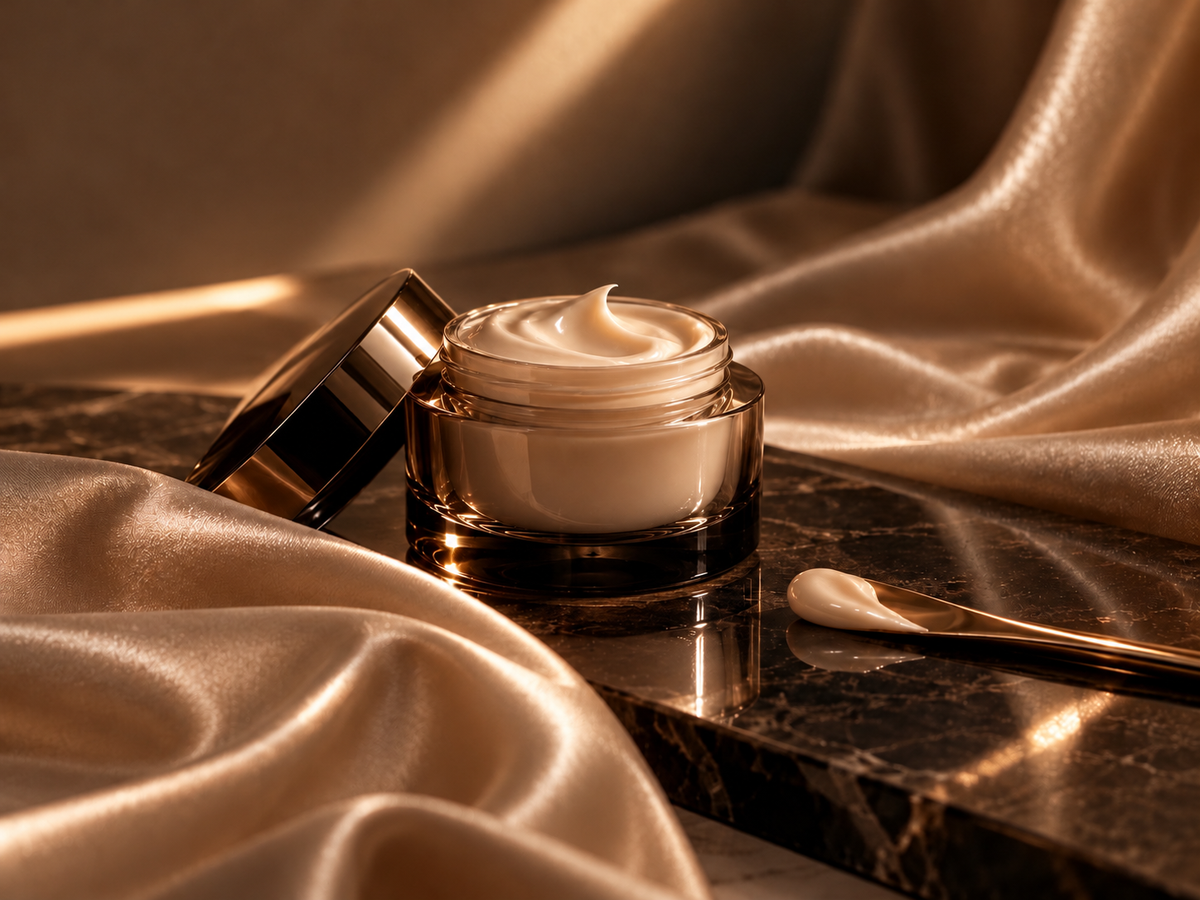 Univers Beauté & Éclat du Magazine Hazellia, soin visage ivoire sur marbre brun profond et satin champagne.

