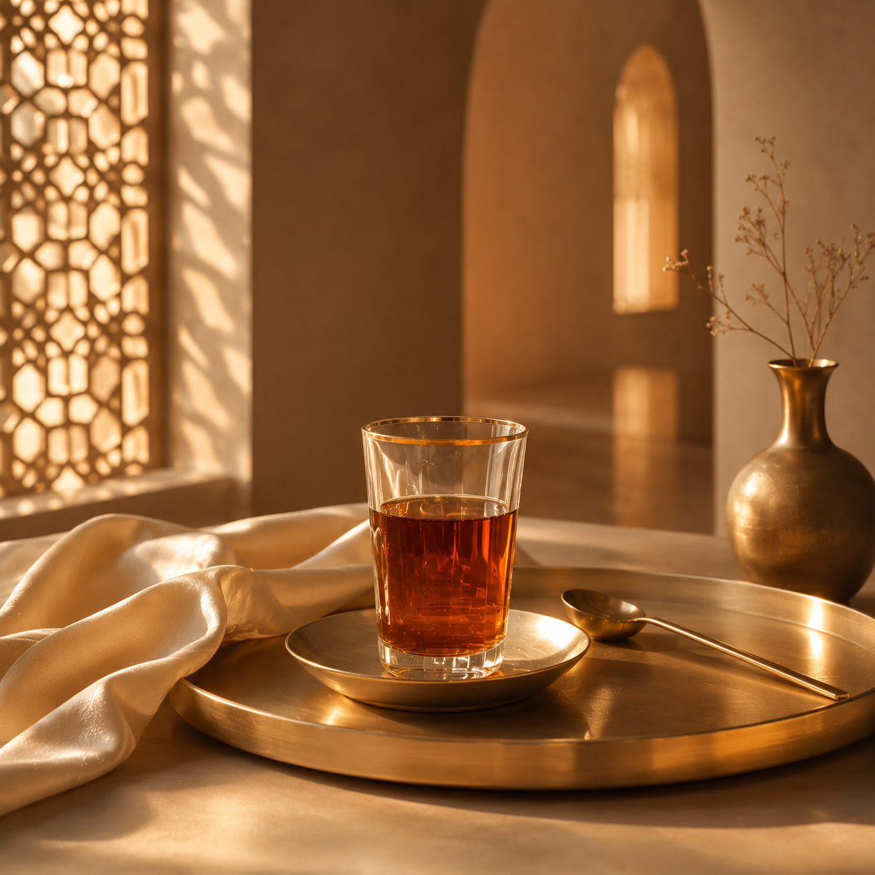 Rituel de thé Orient Doré Hazellia Voyage — verre ambré élégant sur plateau doré minimaliste, satin champagne lumineux et ambiance orientale contemporaine luxe

