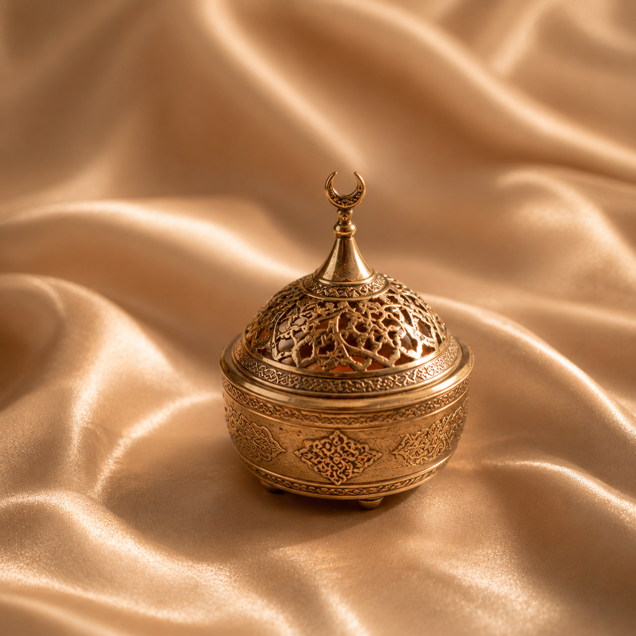 Objet turc décoratif luxe sur satin beige doré — détail oriental raffiné aux motifs ottomans, ambiance premium chaleureuse et élégante Hazellia Voyage Turquie.

