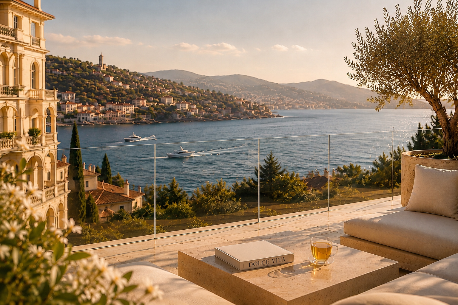 GlowTox et l’univers Italie Dolce Vita de Hazellia Voyage, terrasse italienne contemporaine avec vue méditerranéenne et infusion

