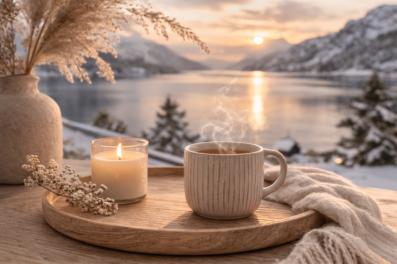 rituel d’infusion scandinave tasse d’infusion chaude et bougie sur plateau en bois paysage nordique enneigé inspiration hygge hazellia

