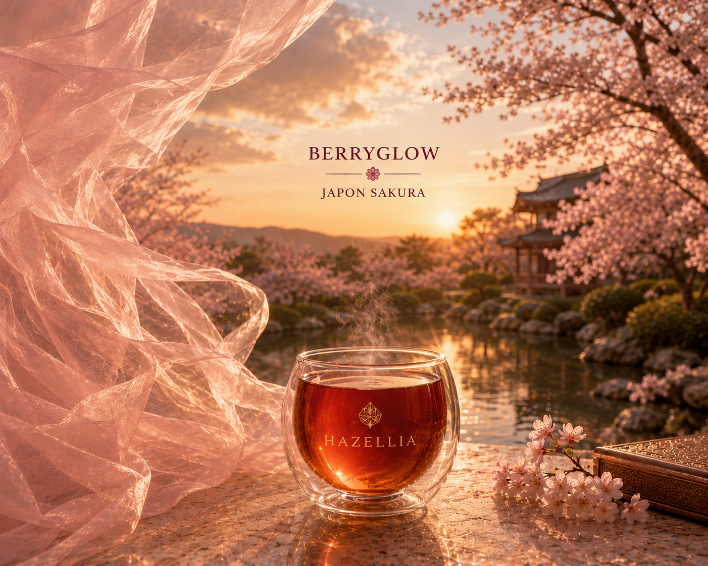 BerryGlow Japon Sakura — infusion fruitée Hazellia dans un mug double paroi transparent, paysage japonais sakura au coucher du soleil, voile rose poudré aérien, ambiance luxe couture inspirée des campagnes Dior, fleurs de cerisier et lumière dorée élégante.