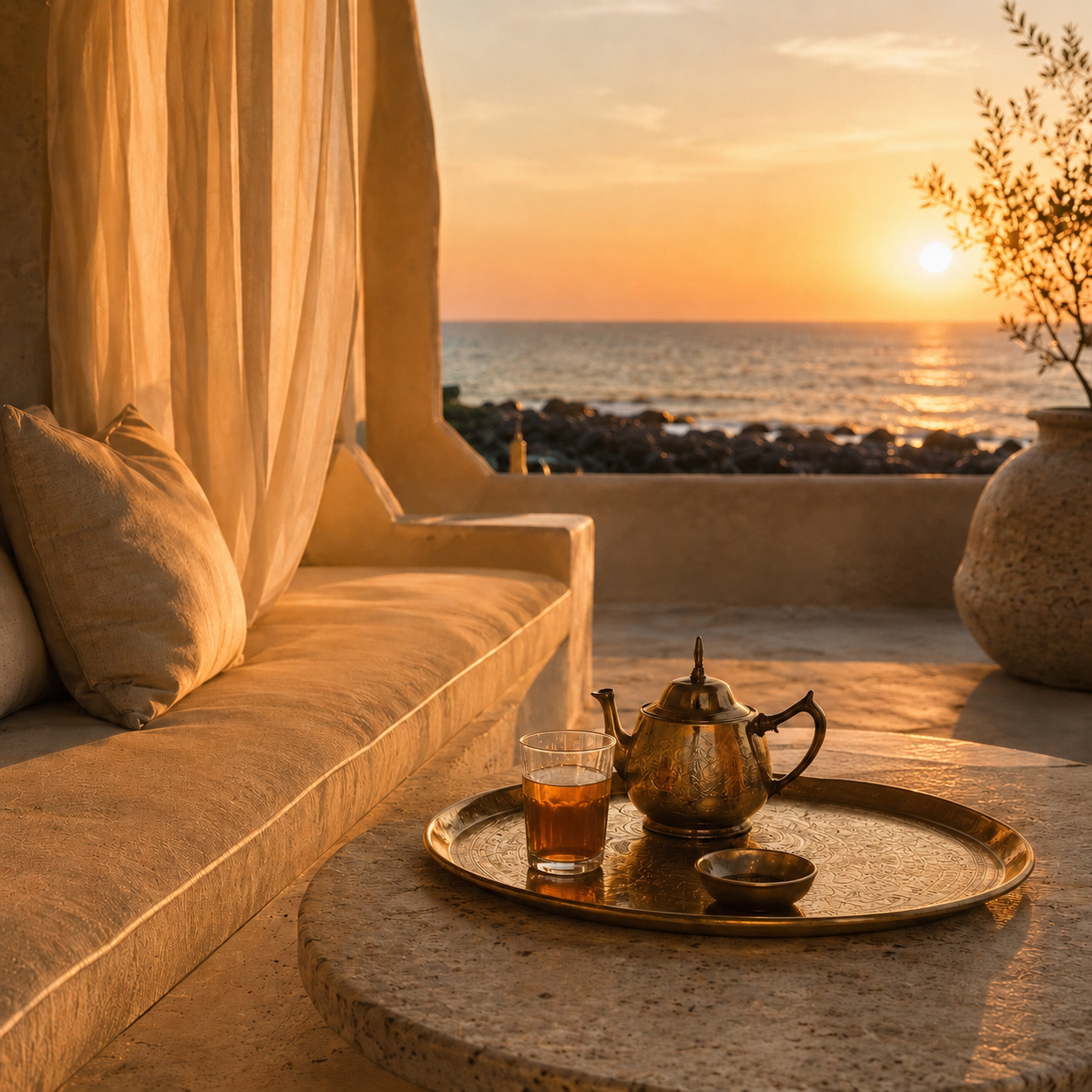 Terrasse luxe bord d’océan Sénégal Hazellia Voyage — thé sénégalais traditionnel au coucher du soleil, assise beige élégante, ambiance chaleureuse et slow living premium.

