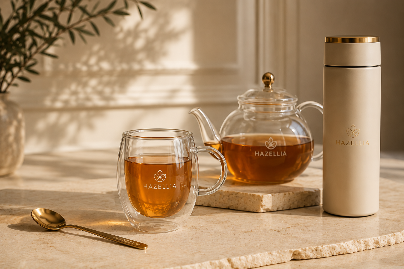 Les Essentiels du Rituel Hazellia – mug double paroi, théière en verre et accessoires d’infusion dans un univers luxe beige ivoire et lumière naturelle

