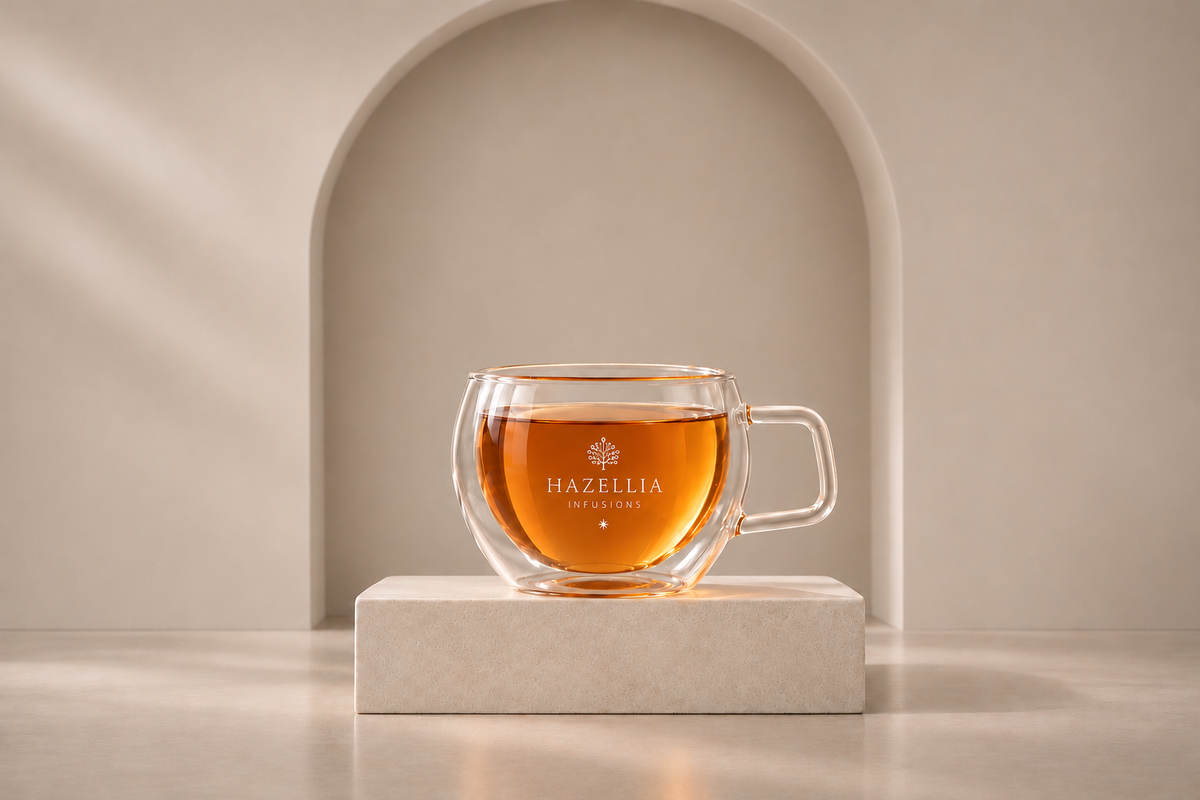 Mug signature Hazellia en verre double paroi, infusion ambrée sur socle en pierre naturelle, décor architectural ivoire et beige champagne.
