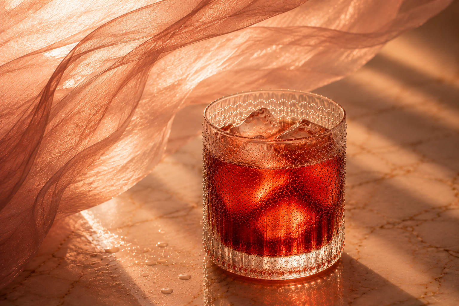 Red Velvet Hazellia – infusion glacée rooibos rubis dans un verre cristal premium avec glaçons réalistes, condensation naturelle, voile nude aérien et lumière sunset luxueuse sur marbre élégant.