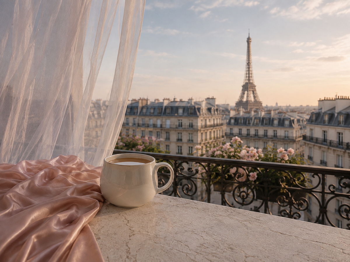 Rituel d’infusion parisien avec mug ivoire, satin rose poudré et voile aérien face à la Tour Eiffel – Paris Intemporel Hazellia

