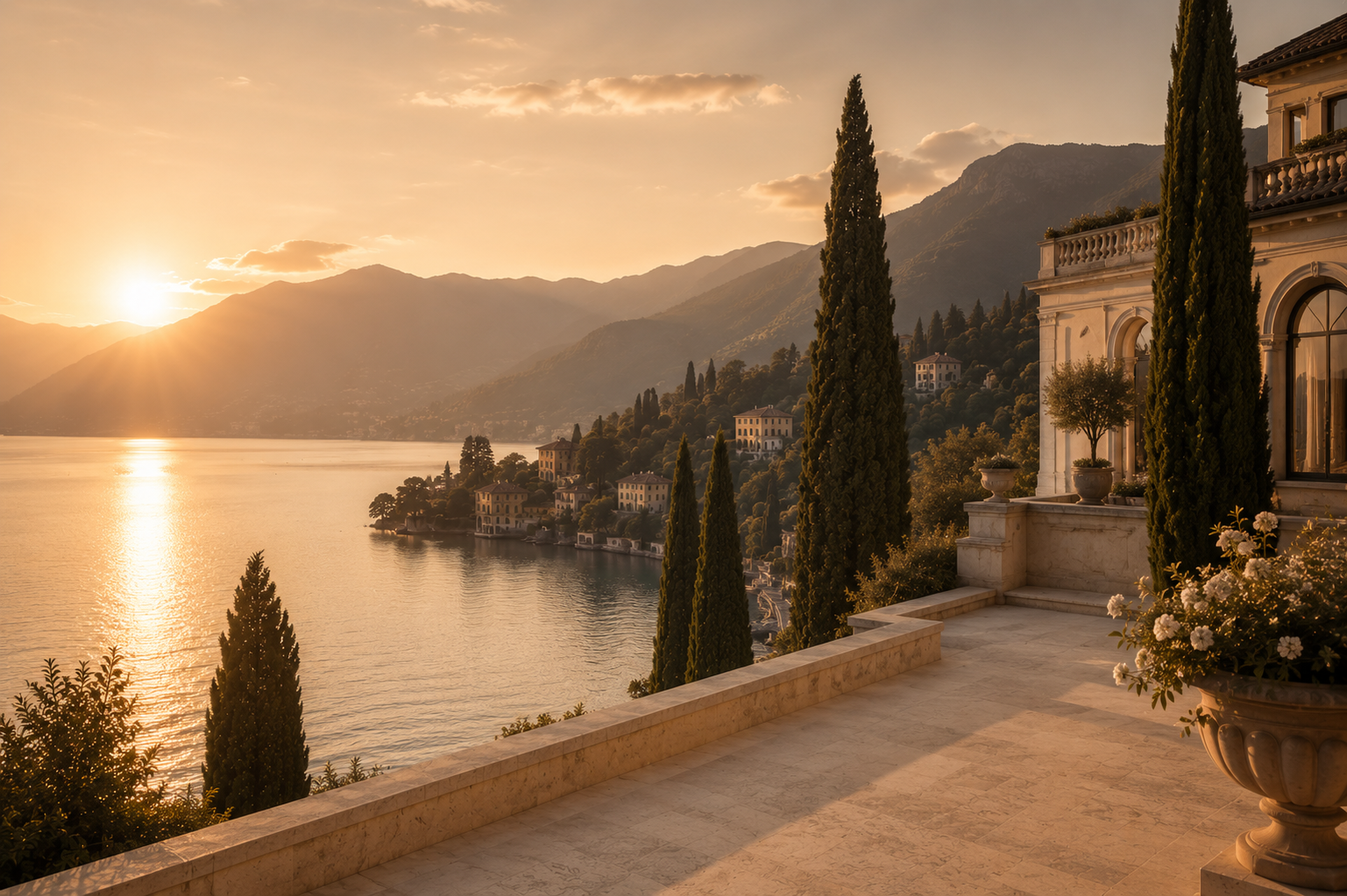 Paysage du lac de Côme au coucher du soleil, terrasse italienne raffinée, cyprès et lumière dorée dans l’univers Hazellia Voyage

