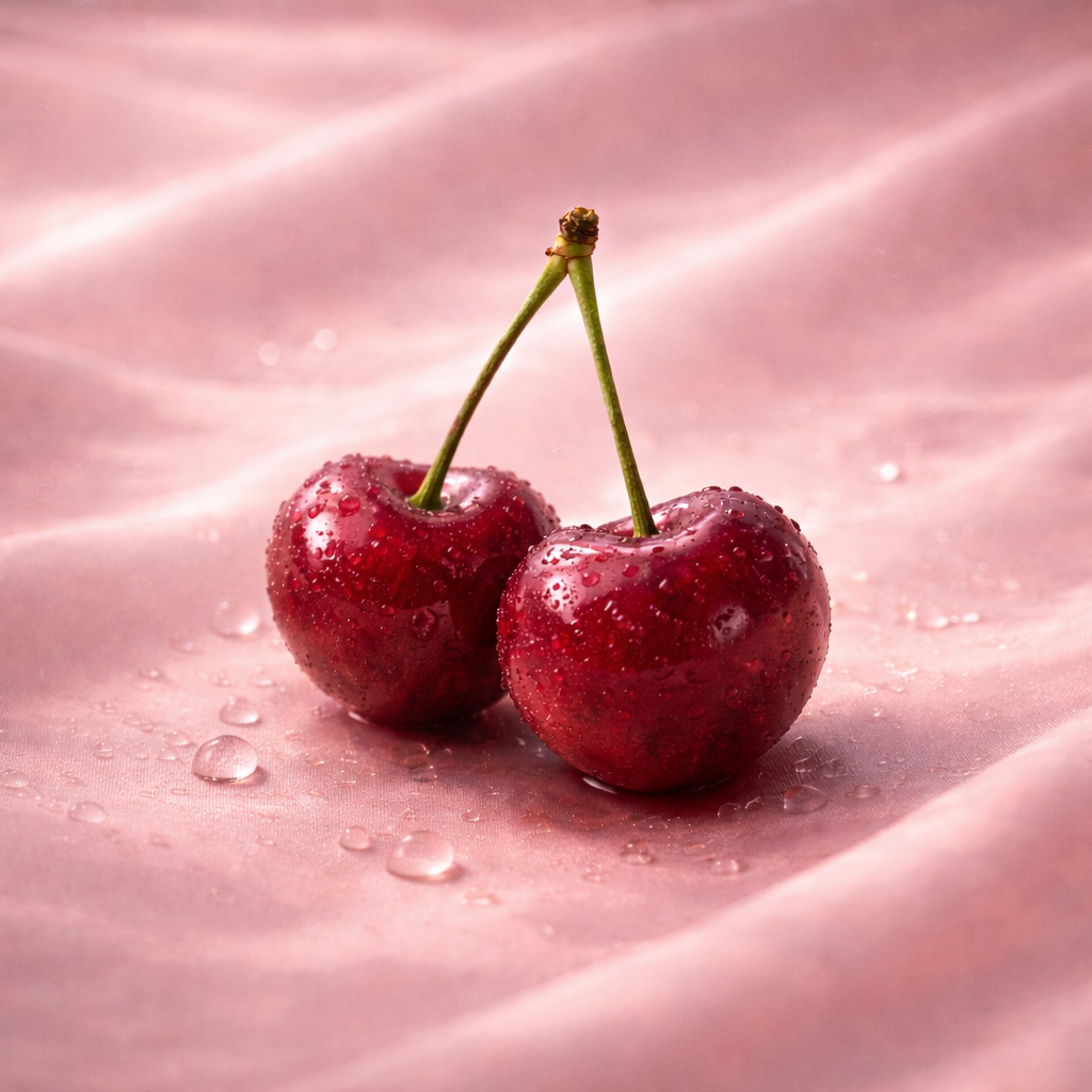 Deux cerises rouges sur satin rose poudré symbolisant la femme élancée CherryTox de la collection HazBloom par Hazellia.

