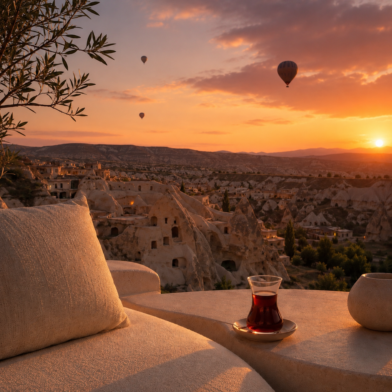 Terrasse turque luxe au coucher du soleil Hazellia Voyage — assise beige épurée avec verre tulipe traditionnel, vue sur la Cappadoce et ambiance fin de journée chaleureuse et raffinée.

