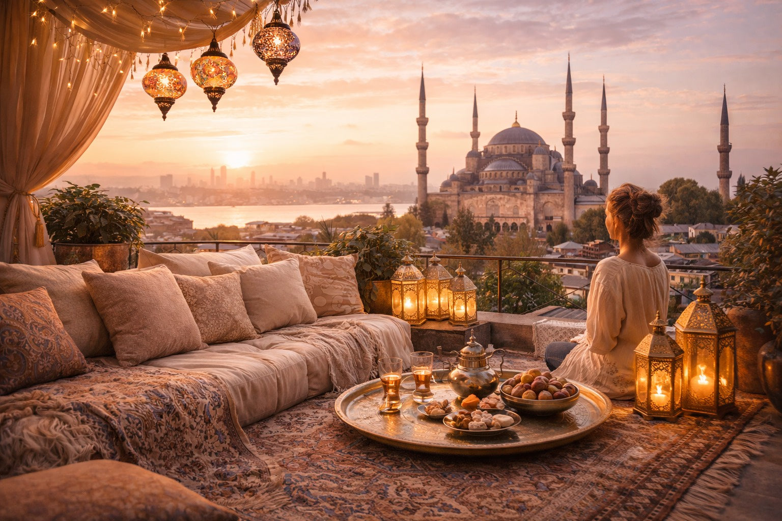 Terrasse turque luxueuse au coucher du soleil, lanternes ottomanes dorées et vue sur Istanbul – ambiance velours doré, style premium Hazellia
