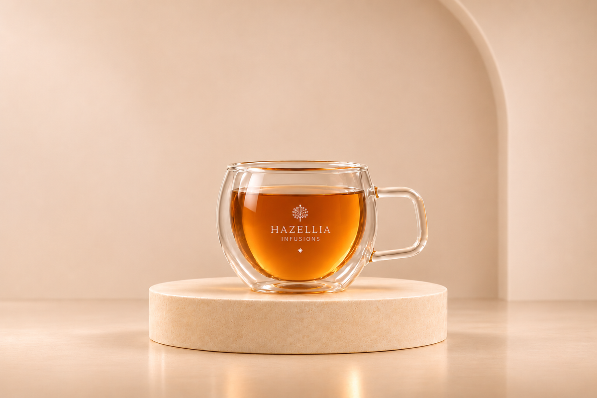 Mug signature Hazellia en verre double paroi, rempli d'une infusion ambrée sur un socle en pierre naturelle, dans un décor minimaliste beige champagne – Collection Bien-être.
