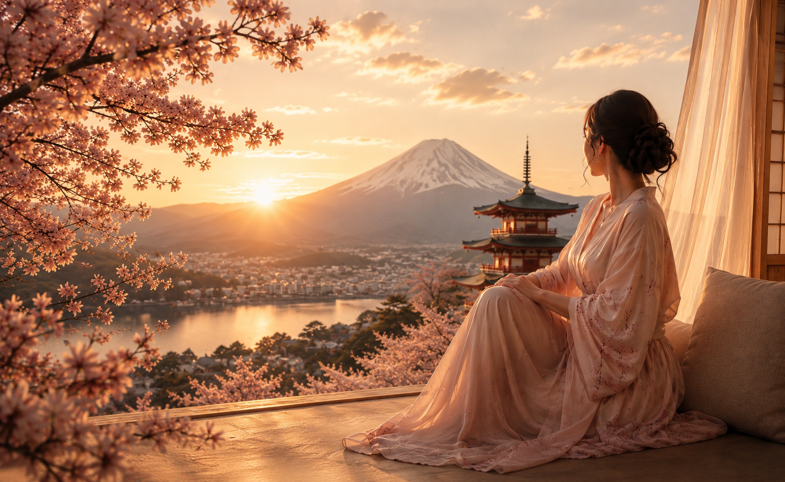 Japon Sakura Hazellia Voyage – femme contemplant le mont Fuji au coucher du soleil, cerisiers en fleurs, voile léger et ambiance japonaise élégante et apaisante

