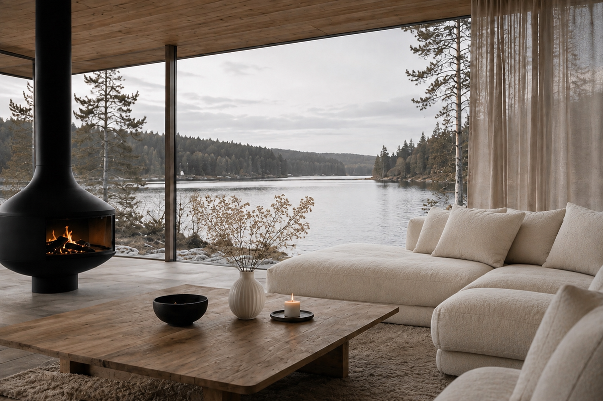 Salon scandinave lumineux en bois clair avec canapé ivoire et fleurs sur table, vue sur forêt nordique — Scandinavie Cocooning Hazellia

