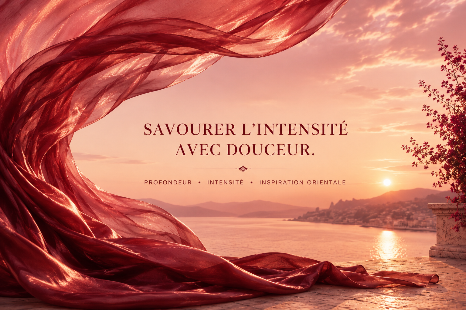 Bannière Rose Blood Hazellia représentant un voile rouge rubis aérien, une lumière chaude dorée et une inspiration orientale subtile pour un rituel d’infusion féminin premium.

