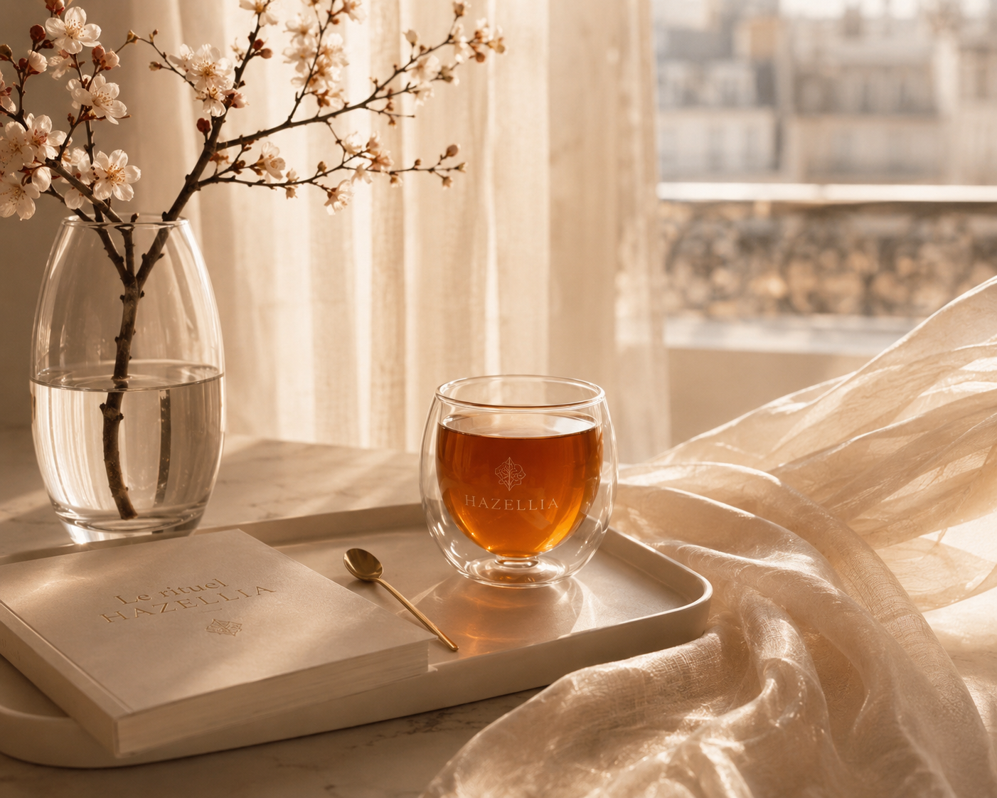 Rituel Hazellia féminin dans une ambiance cocooning premium avec infusion chaude, lumière douce et univers bien-être élégant.

