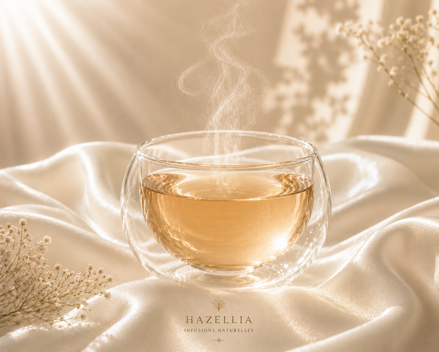 Deep Silk Hazellia, infusion inspirée de la femme apaisée, servie dans un verre double paroi sur satin ivoire lumineux.

