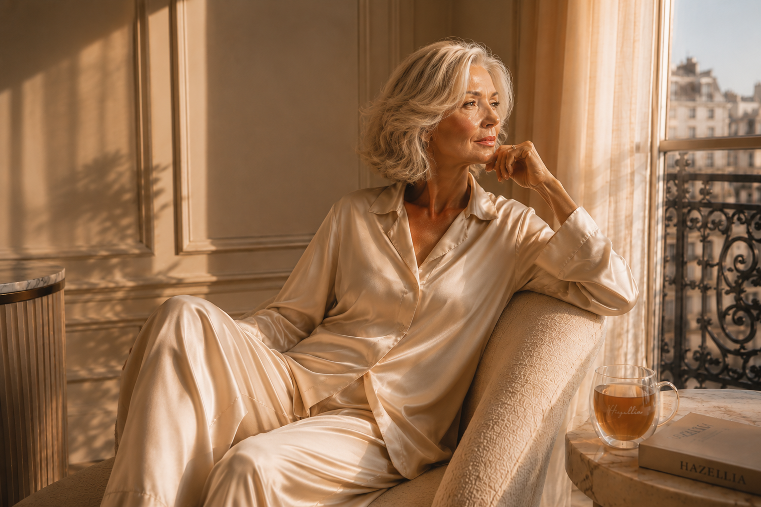 La Saison Dorée – femme élégante aux cheveux argentés en satin champagne, art de vivre féminin, slow luxe et Magazine Hazellia

