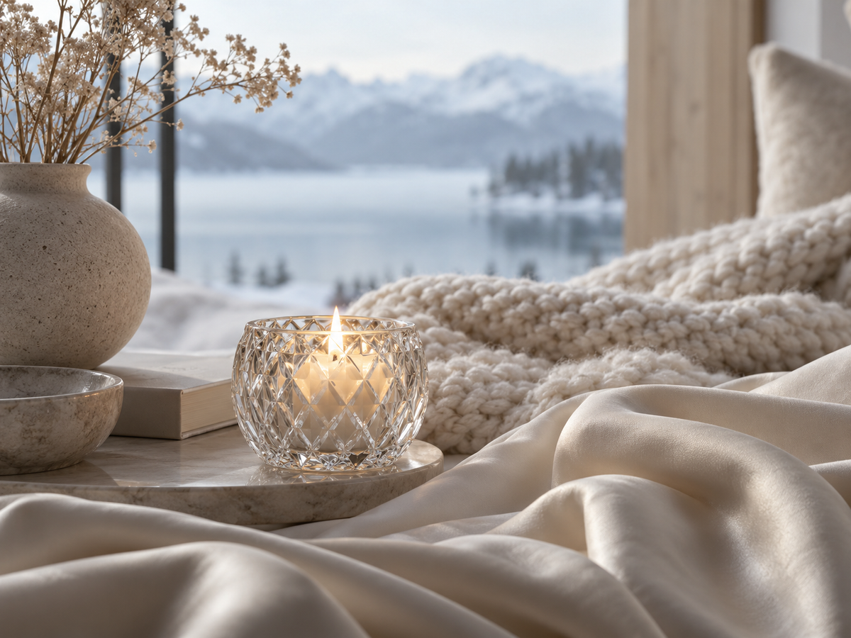 Ambiance Scandinavie Cocooning avec bougie en cristal, satin ivoire et plaid en maille face à un paysage nordique enneigé – Hazellia

