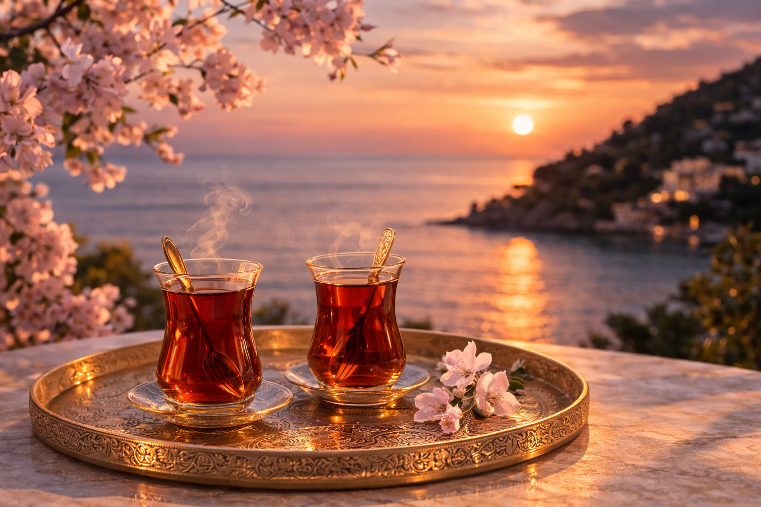 rituel du thé turc au coucher du soleil verres de thé sur plateau doré inspiration nuit turque rituel infusion Hazellia


