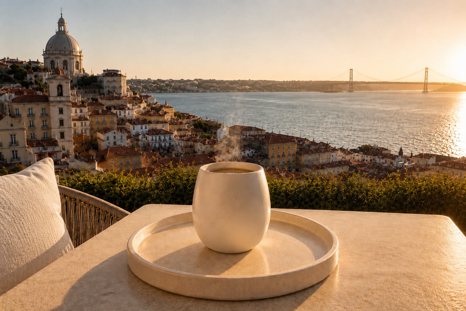 Rituel d’infusion de Lisbonne Lumineuse Hazellia avec mug contemporain sur une terrasse offrant une vue panoramique sur Lisbonne au coucher du soleil.

