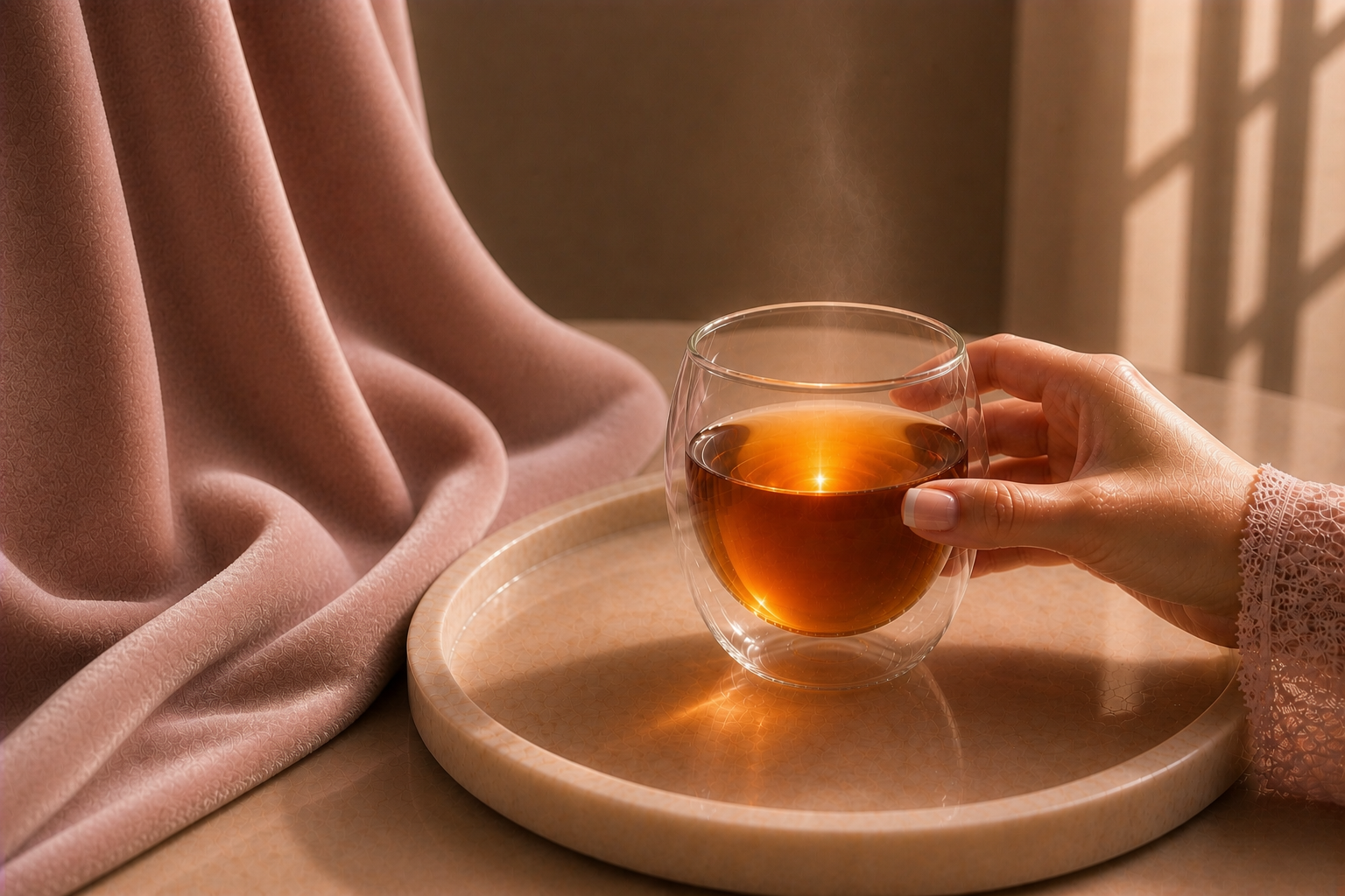 Infusion ambrée lumineuse effet velours dans un verre transparent tenue par une main féminine, sur plateau marbre et velours rose poudré, rituel du soir Hazellia

