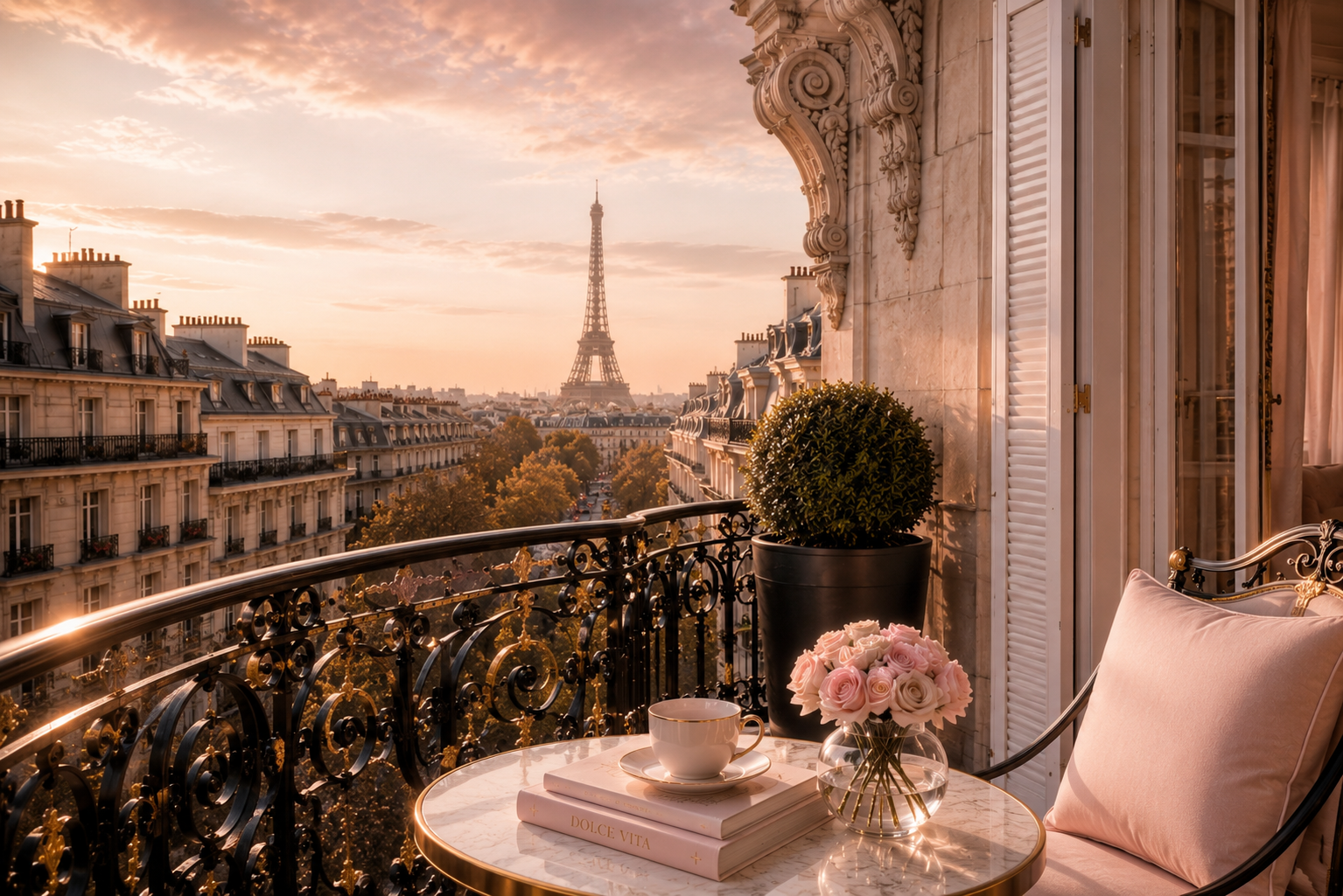 Architecture parisienne élégante avec balcon haussmannien, coussins rose poudré et dorés, ambiance luxe féminine inspirée de Paris Élégance par Hazellia Voyage.

