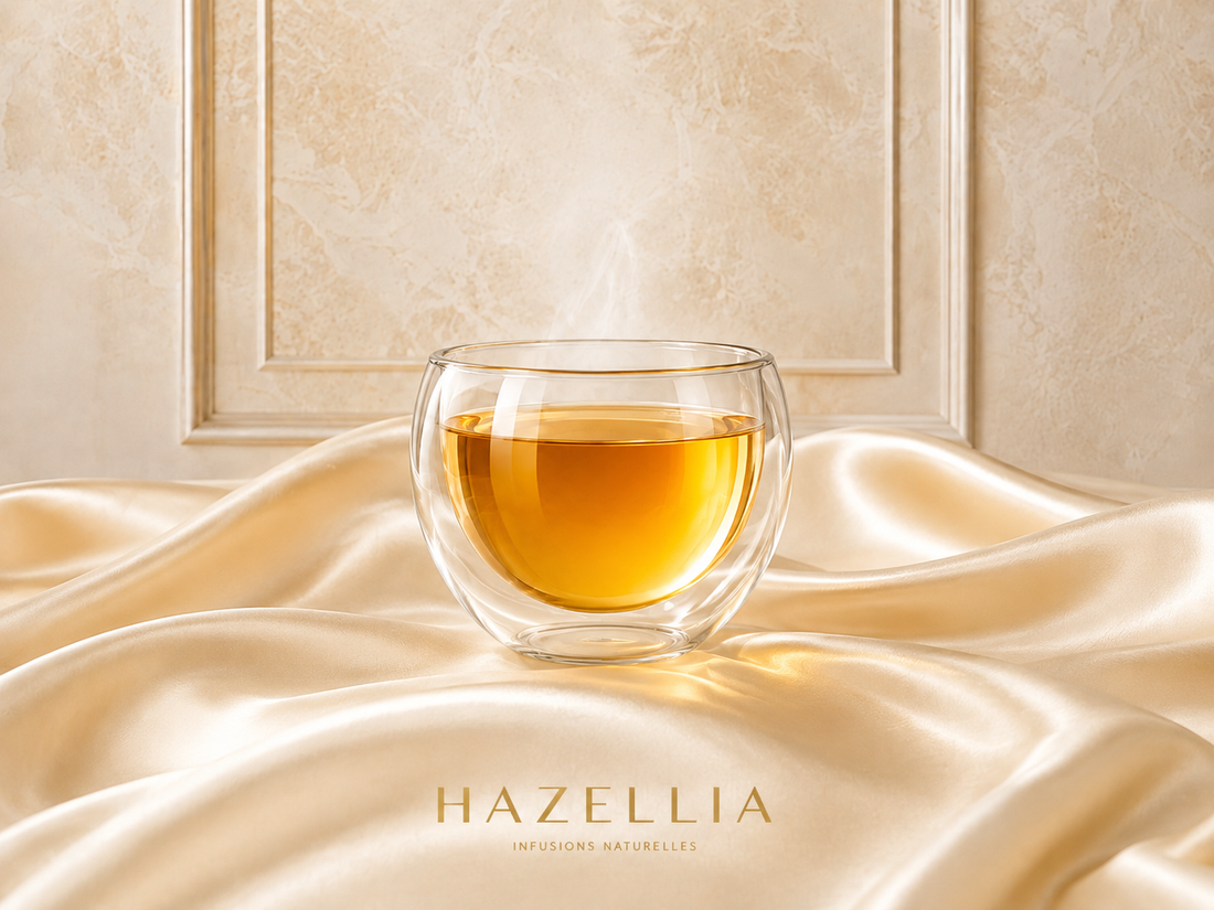 Infusion Ivory Prism Hazellia ambrée dans un mug en verre cristal sur satin champagne ivoire lumineux

