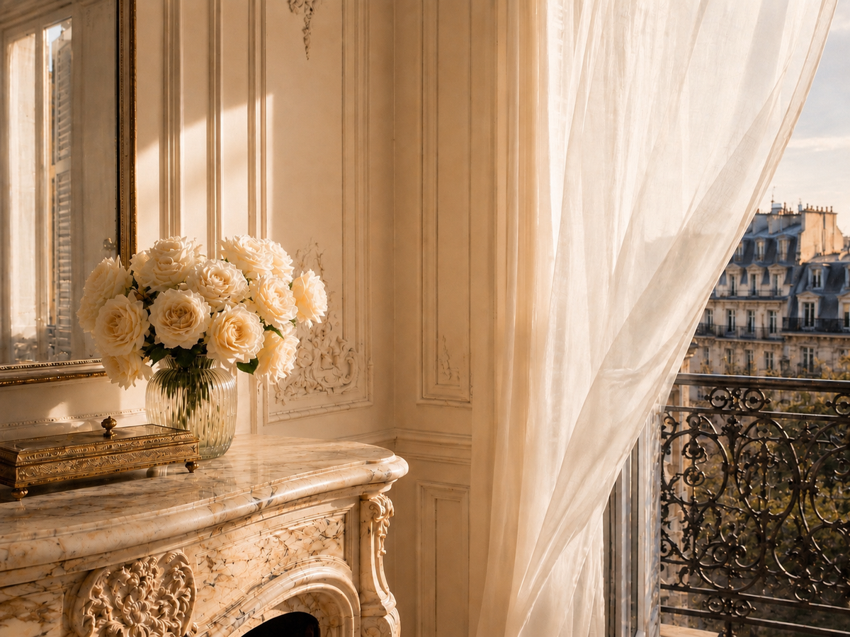 Intérieur parisien élégant avec cheminée en marbre, roses ivoire et voile aérien ouvert sur un balcon haussmannien – Paris Intemporel Hazellia

