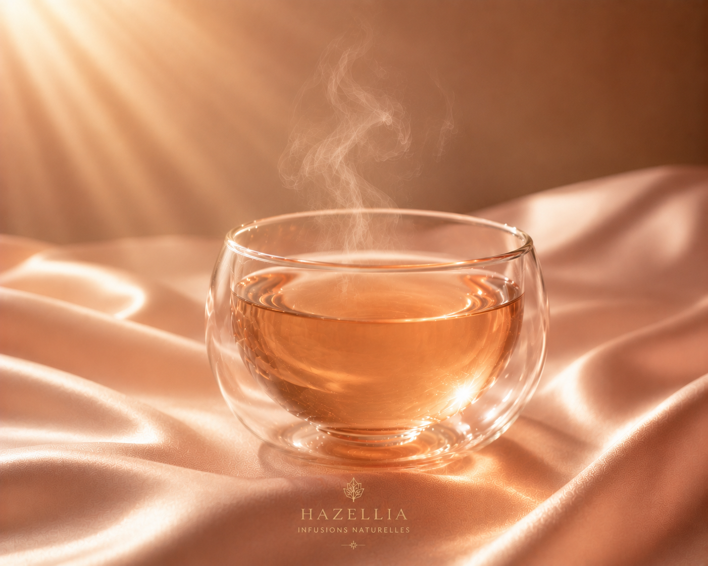 Infusion BerryGlow Hazellia dans un verre double paroi sur satin rose poudré, rituel beauté inspiré du Japon Sakura pour une peau lumineuse et un glow naturel.

