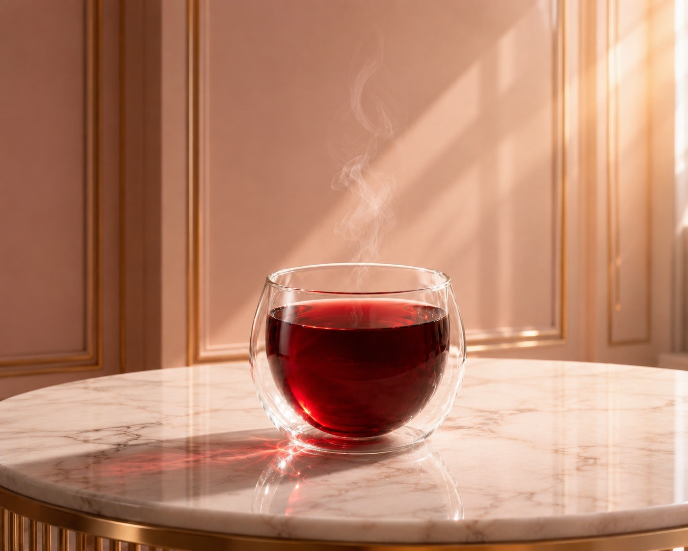 Infusion hibiscus Rose Blood Hazellia dans un verre double paroi sur table en marbre luxueuse, ambiance féminine premium et lumière éditoriale couture.


