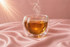 Infusion rose ritual dans une tasse en verre transparente sur satin rose poudré, rituel bien-être féminin et moment de détente Hazellia, ambiance luxe

