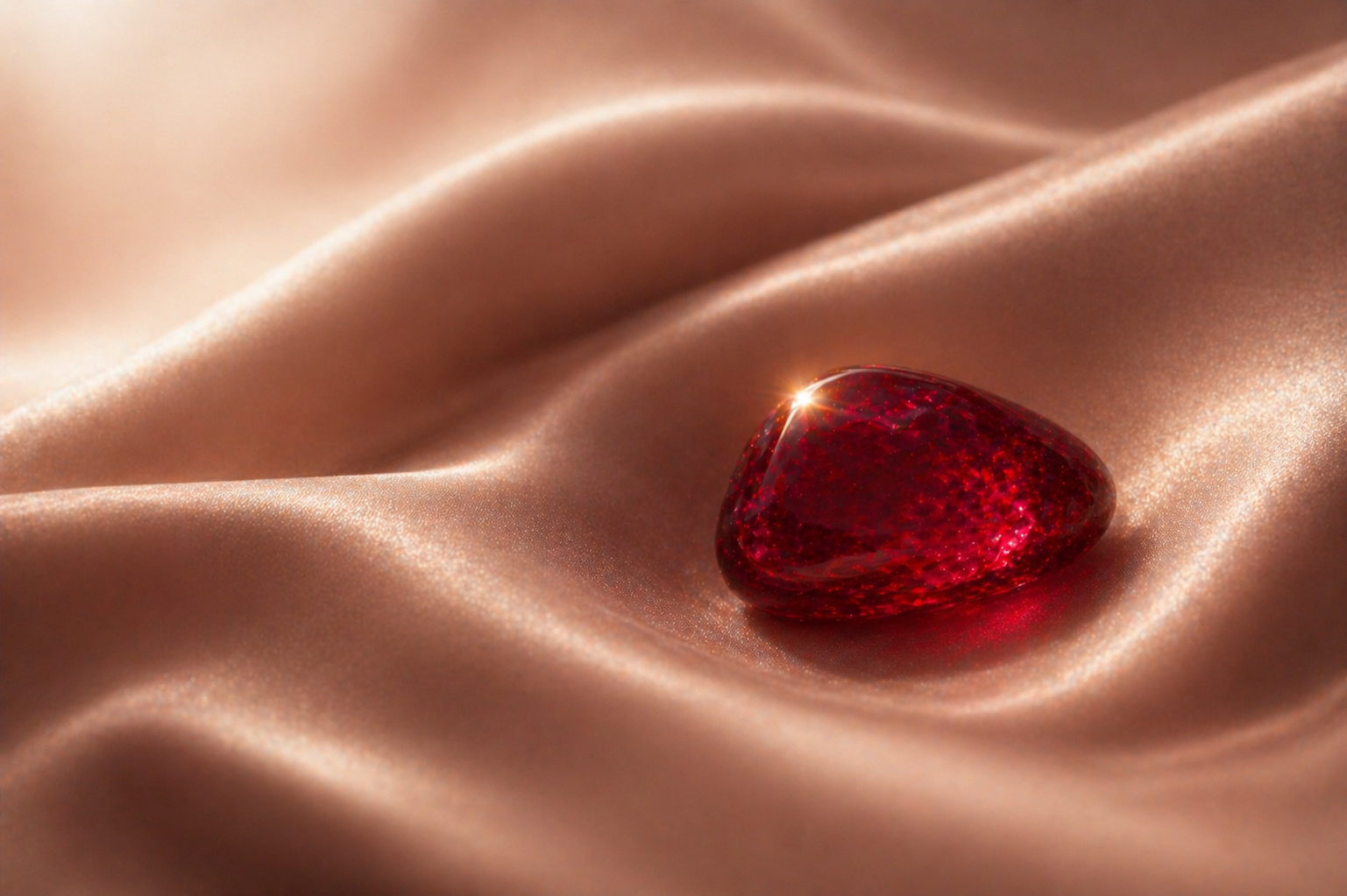 Rubis rouge profond sur satin beige champagne fluide, lumière douce et ambiance luxe féminin – infusion Rose Blood Hazellia

