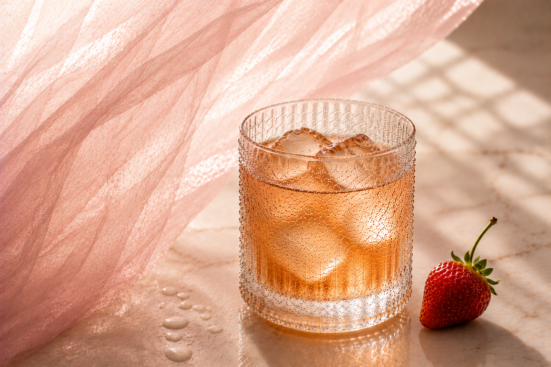 Pink Elixir Hazellia – infusion glacée ambrée rosée dans un verre cristal premium avec glaçons translucides, fraise fraîche et voile rose poudré aérien sur marbre luxueux.

