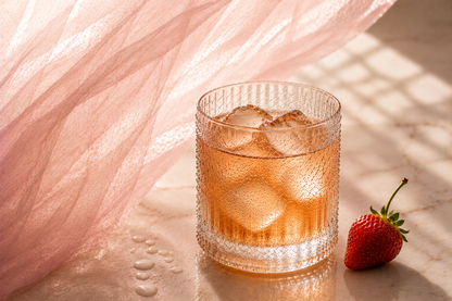 Pink Elixir Hazellia – infusion glacée ambrée rosée dans un verre cristal premium avec glaçons translucides, fraise fraîche et voile rose poudré aérien sur marbre luxueux.

