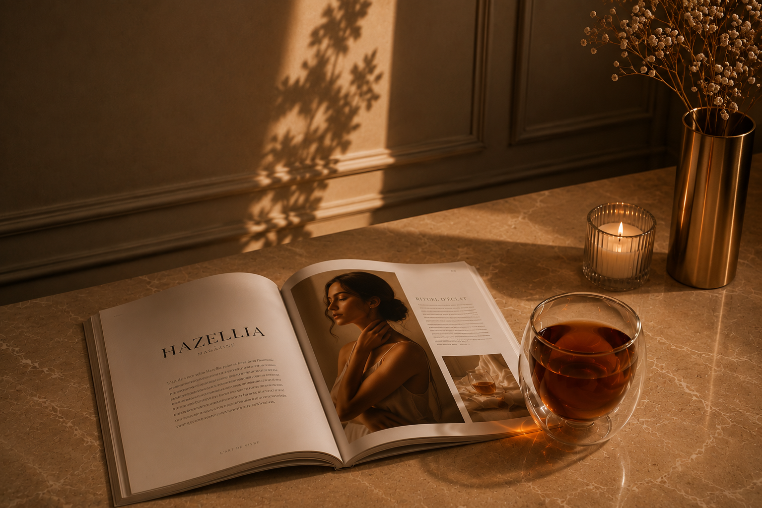 Magazine Hazellia ouvert sur une table en marbre avec une infusion ambrée, une bougie et une ambiance élégante champagne, symbole de l’art de vivre, des rituels bien-être et du slow living féminin.

