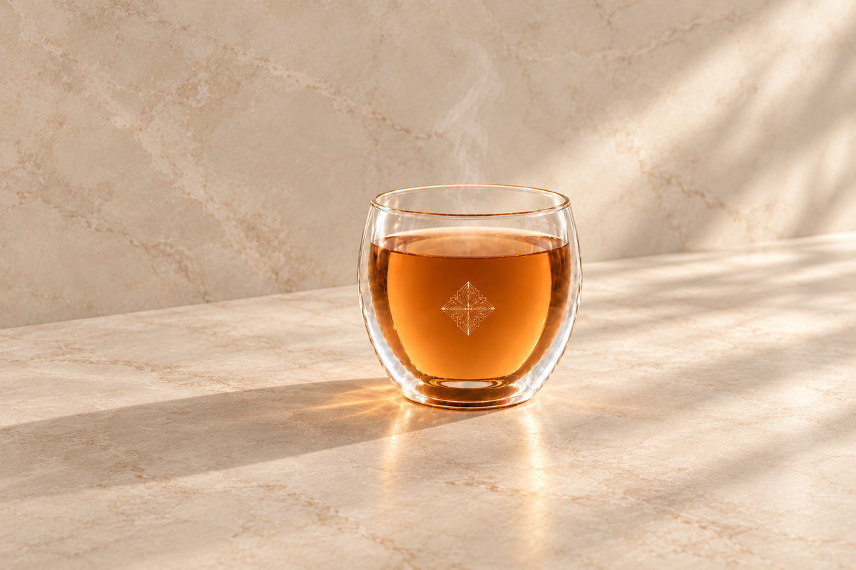 Infusion Muse Opal de Hazellia dans un verre signature double paroi, posé sur une table en pierre champagne légèrement veinée.

