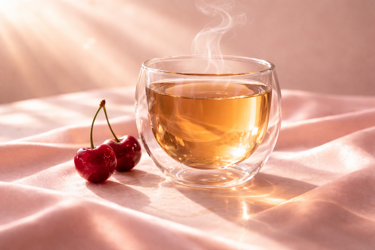 Infusion CherryTox Hazellia aux queues de cerise, servie chaude dans un verre double paroi sur satin rose poudré, lumière dorée, vapeur délicate et cerises fraîches à côté.

